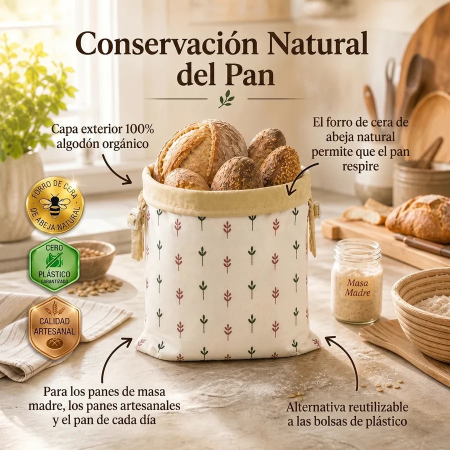 PaneraViva™ — bolsas premium para pan hechas con algodón 100% y cera de abeja.
