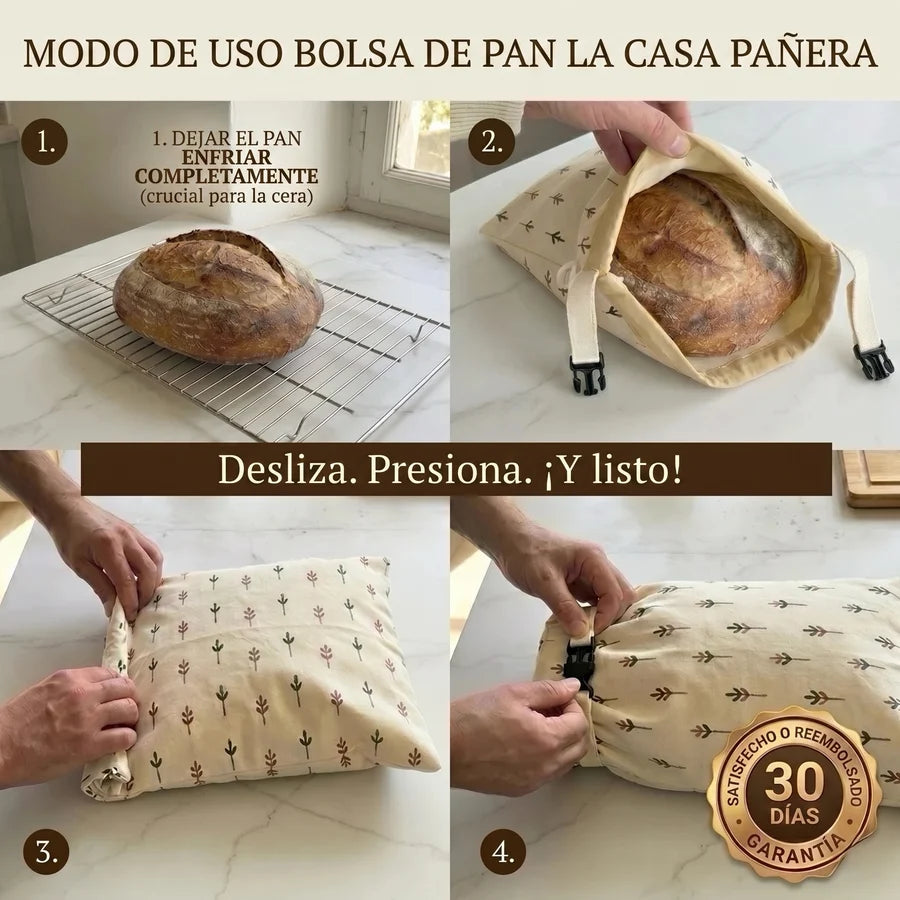 PaneraViva™ — bolsas premium para pan hechas con algodón 100% y cera de abeja.